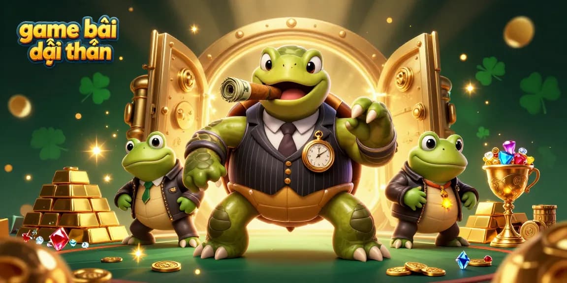 Experience game bài đổi thưởng with a vibrant cartoon scene of a snapping turtle mobster and bullfrog enforcers.