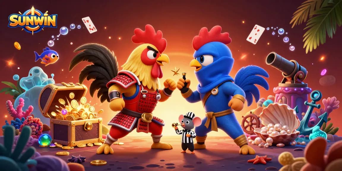 SUNWIN showcases a vibrant 3D digital illustration of two cartoon fighting roosters in a dynamic gambling scene.