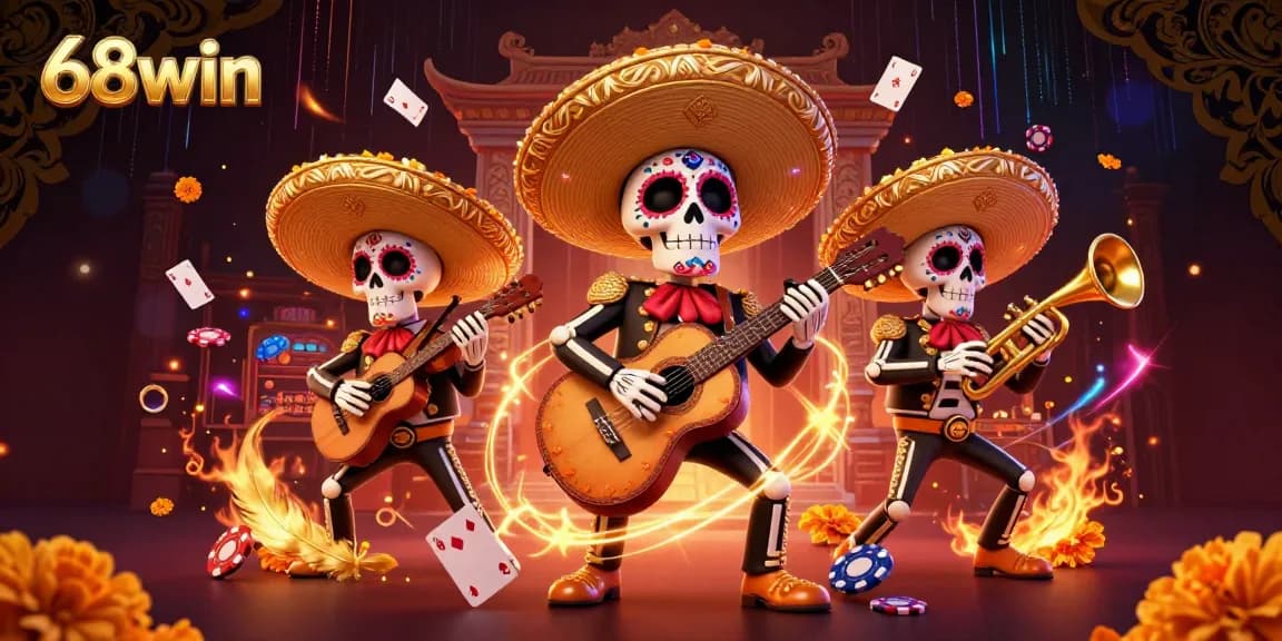 Experience the thrilling 68win casino ambiance with a vibrant mariachi band, playing amid dynamic gaming elements.