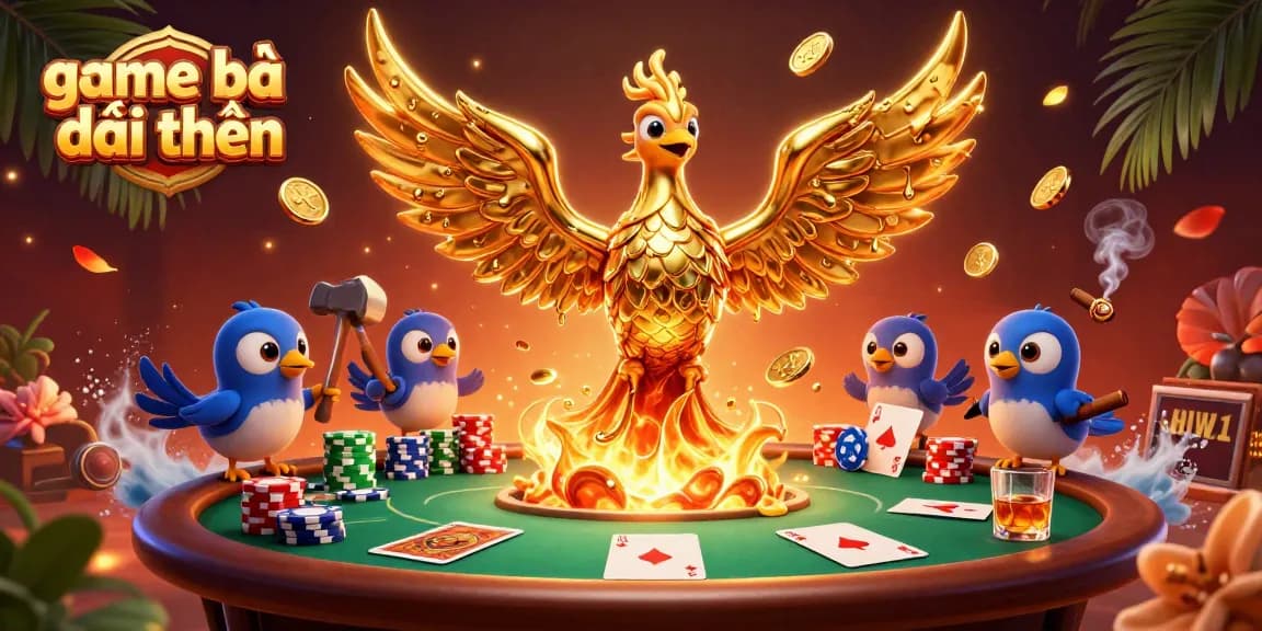 Play game bài đổi thưởng with a vivid illustration of a golden phoenix surrounded by thematic poker elements.
