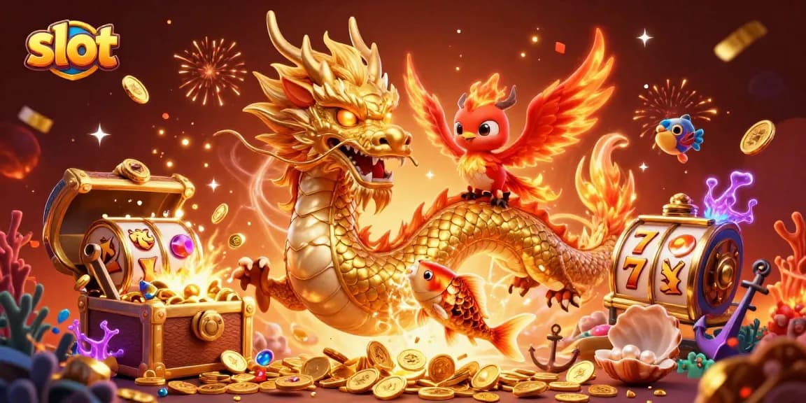 Spin the slot reels and win with a magical dragon, phoenix, and koi fish in an exciting scene.