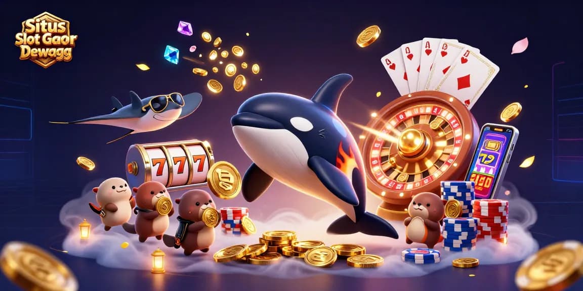 Situs Slot Gacor Dewagg showcases an orca in biker gear jumping amidst slot reels, sparkling gems, and sea otters with coins.