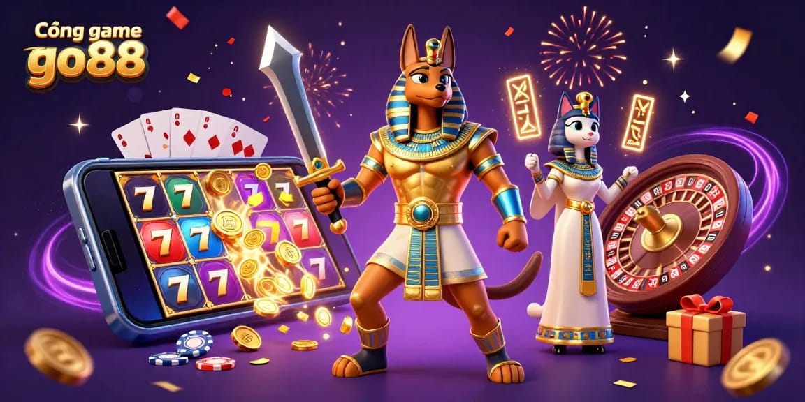Cổng game go88 offers thrilling slot gaming experiences with Anubis and Bastet framed by exciting casino elements.