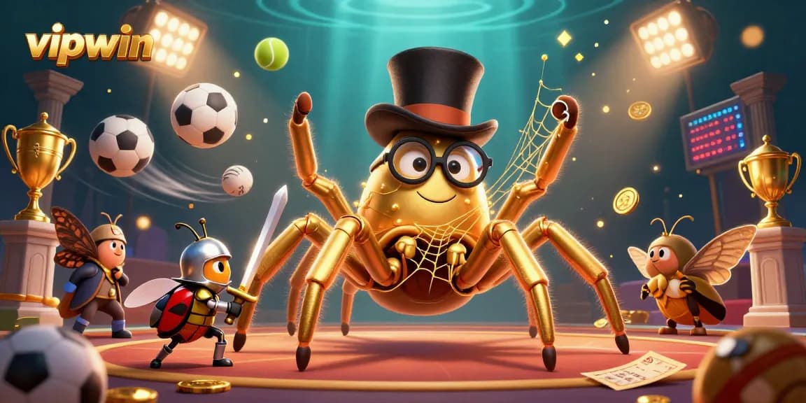 Experience thrilling action at vipwin with a giant golden tarantula weaving between casino pillars, highlighting games.