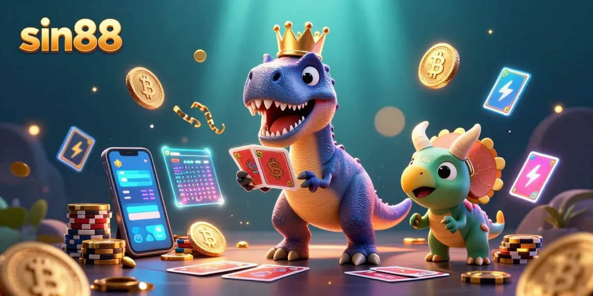 Experience thrilling gameplay with sin88's unique character scene featuring dinosaurs and cryptocurrency!