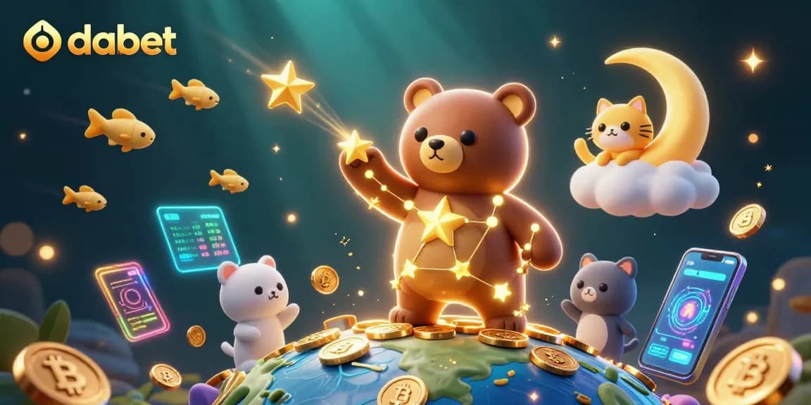 dabet players scoop coins in a vivid 3D cosmic casino scene full of cryptocurrency elements.