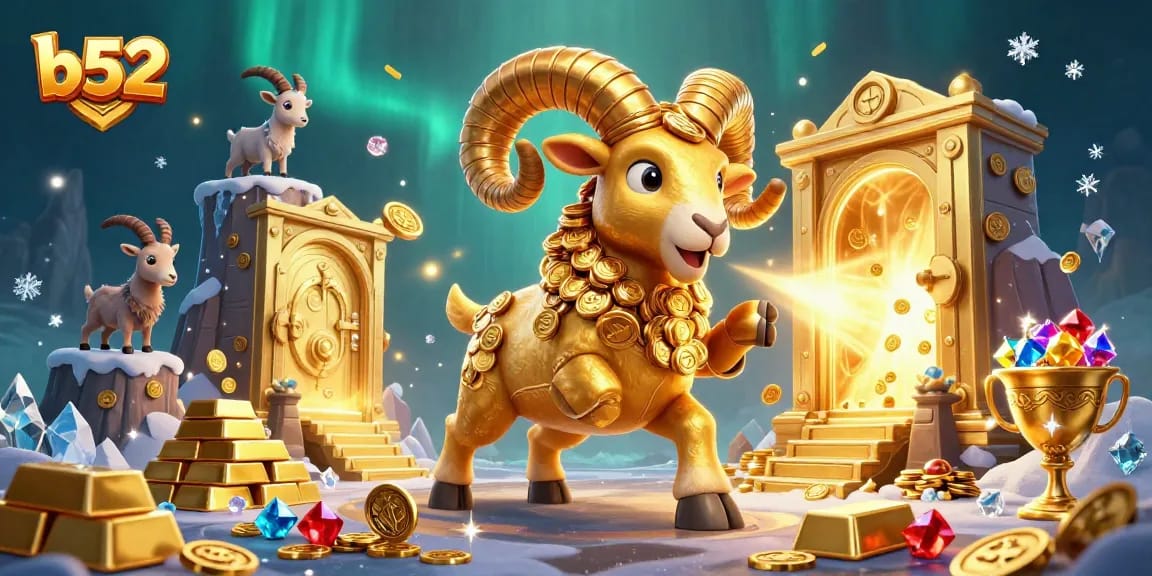 Experience thrilling gaming at b52 with a powerful golden ram charging through treasures, showcasing the excitement of online betting.