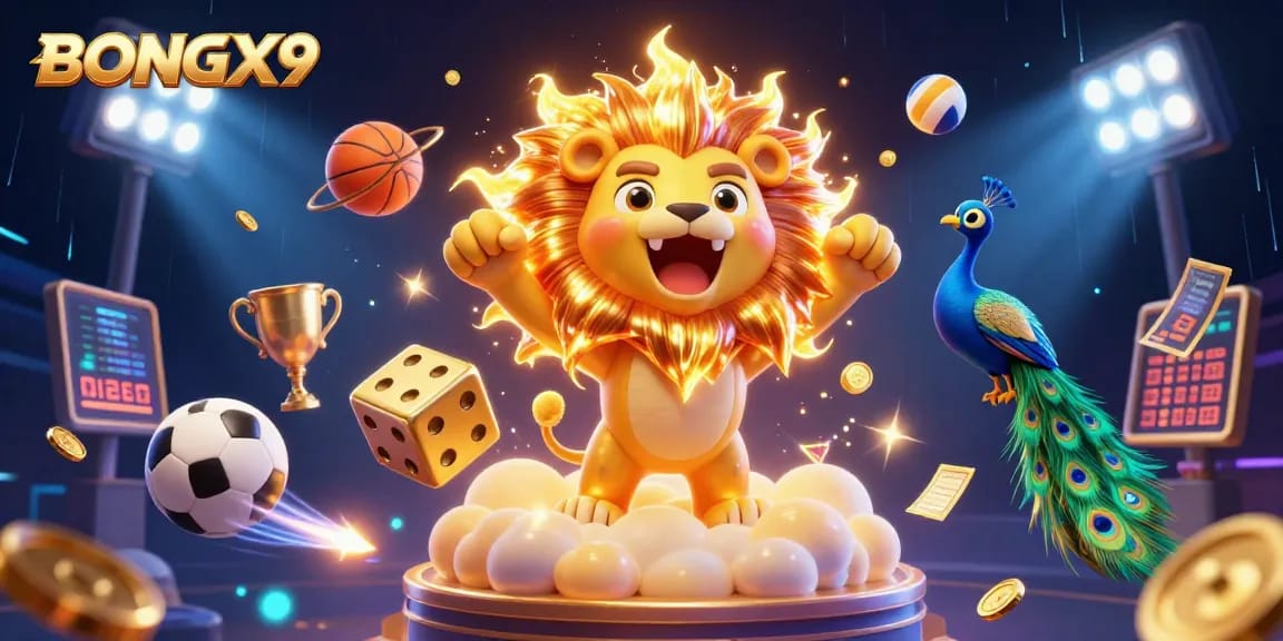 BONGX9 features a dynamic casino scene with a roaring sun lion, golden dice, and vibrant sports elements.