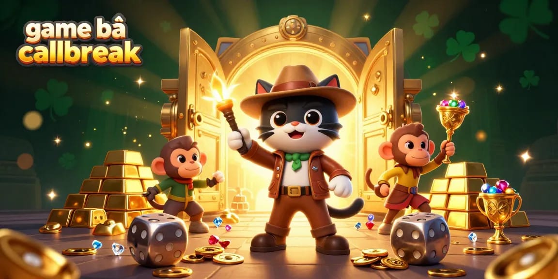 Engage in game bài callbreak with a thrilling visualization of an explorer cat and monkey in a vibrant casino scene.