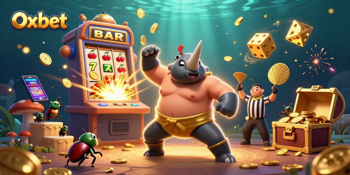 Oxbet's thrilling casino adventure with a powerful beetle champion amidst flying coins and jackpots.