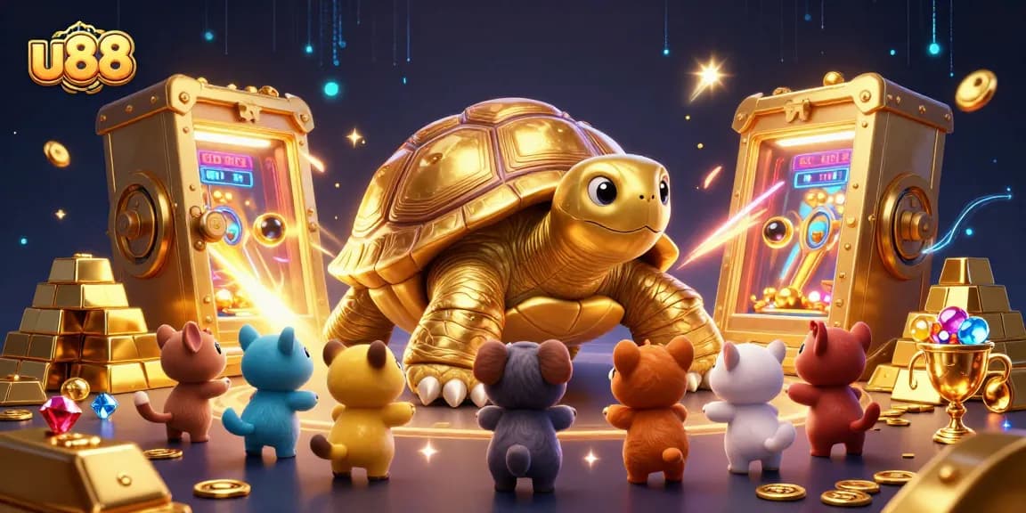 Experience thrilling gameplay at u88 with a vibrant 3D illustration showcasing animated characters in a bustling casino scene.