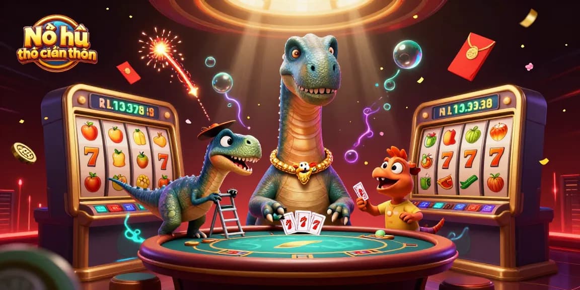 Nổ hũ thợ săn tiền thưởng showcases a whimsical casino scene with charming dinosaurs and vibrant slot machines.