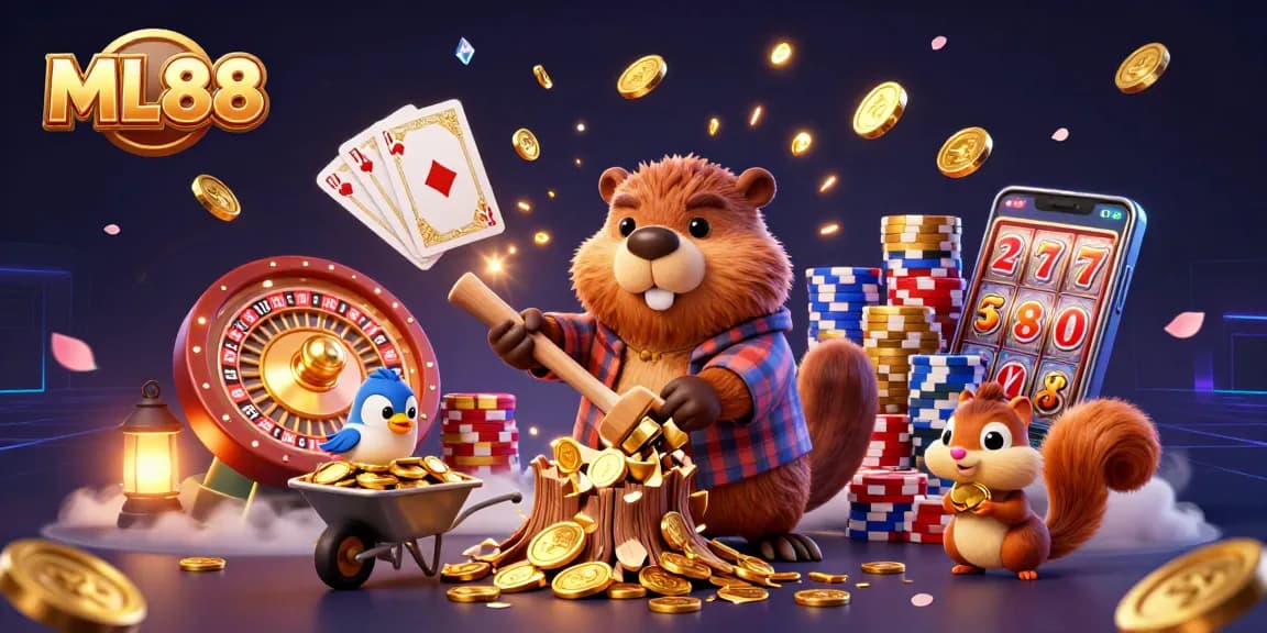Experience the thrill of ML88 with games under a rain of golden coins and vibrant casino elements.
