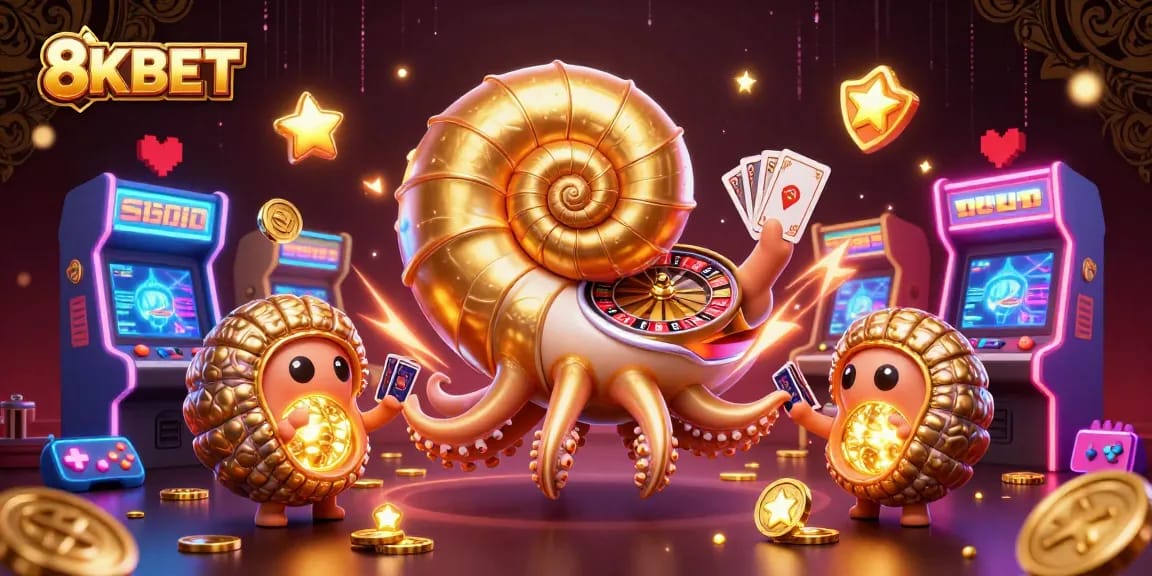 Engage and win at 8KBET with vibrant casino elements and cartoon characters.