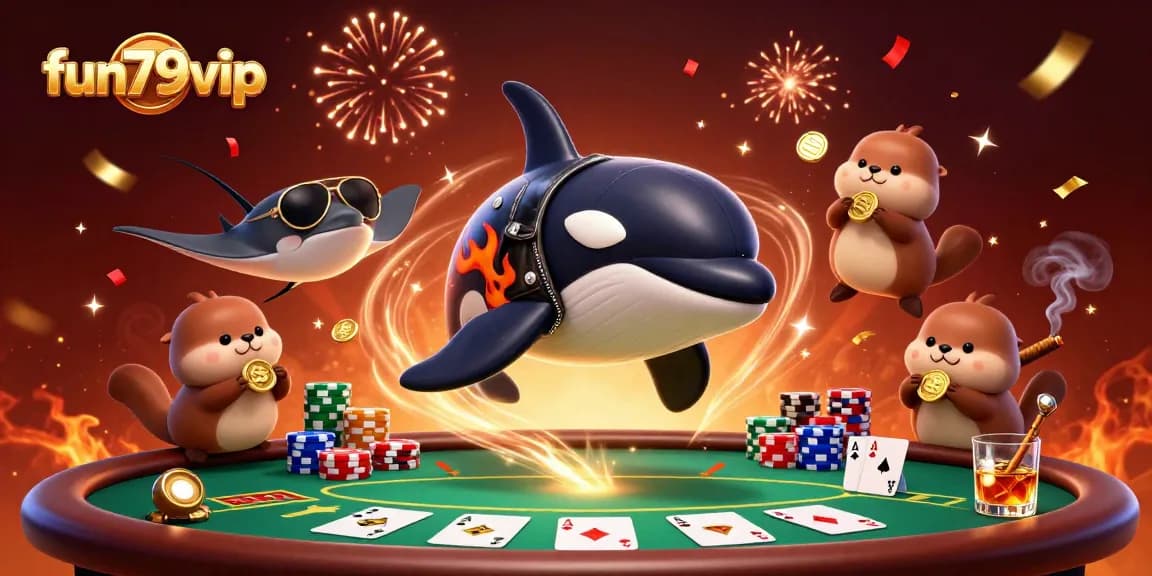 Engage in thrilling gameplay with fun79vip, as a vibrant scene showcases colorful poker elements and joyful characters.