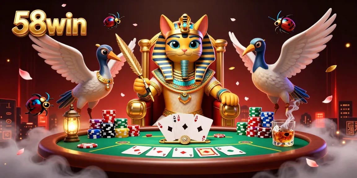 Engage with 58win's stunning casino scene featuring an Egyptian pharaoh cat and dynamic game elements.