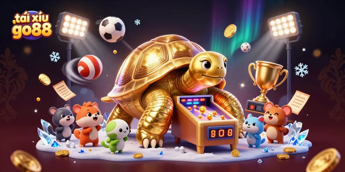 Engage with tài xỉu go88 featuring a golden tortoise pinball amidst dynamic sports elements and glimmering rewards.