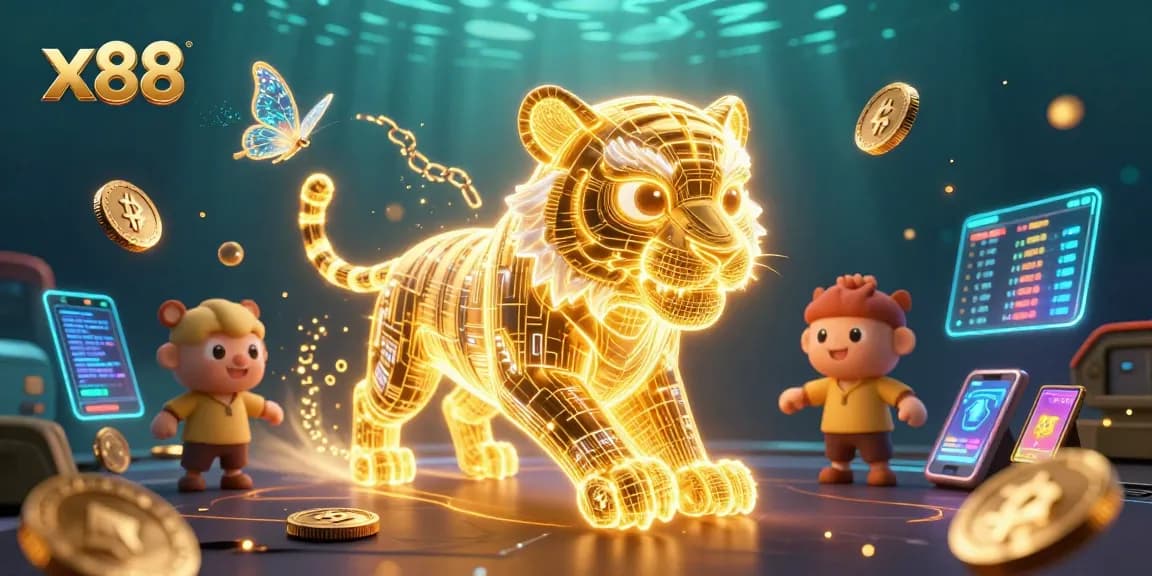 Experience the excitement of x88 casino with a dynamic golden tiger in a digital landscape.