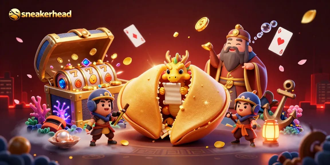 Sneakerhead illustration showcasing luck with spinning slot reels and a dragon guarding treasures