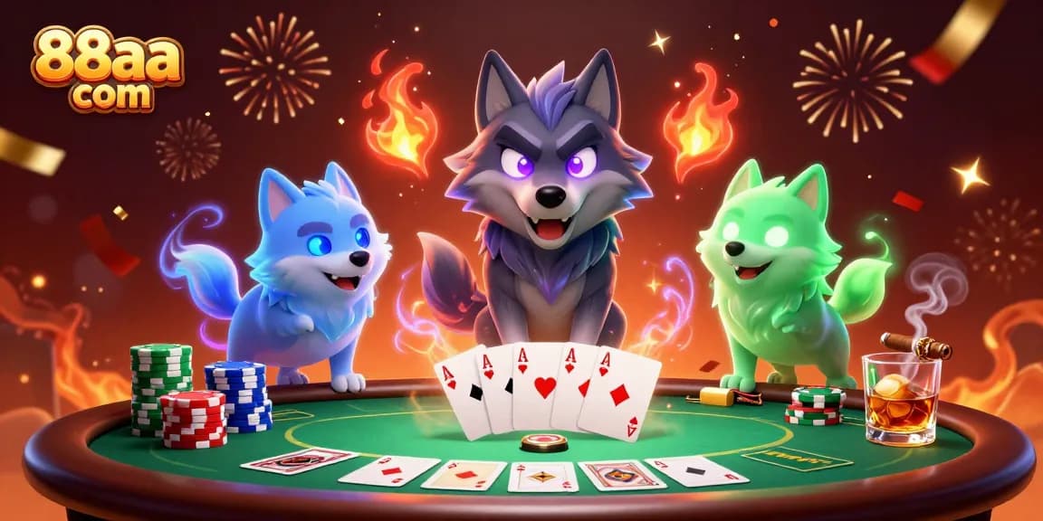 Experience thrilling gameplay at 88aa com with a vibrant poker scene featuring enchanted wolf characters.