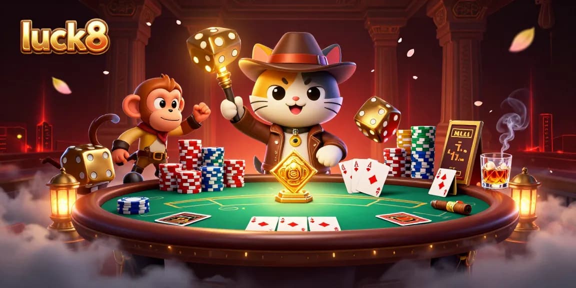 Luck8 captures thrilling casino moments with dynamic characters and poker elements.
