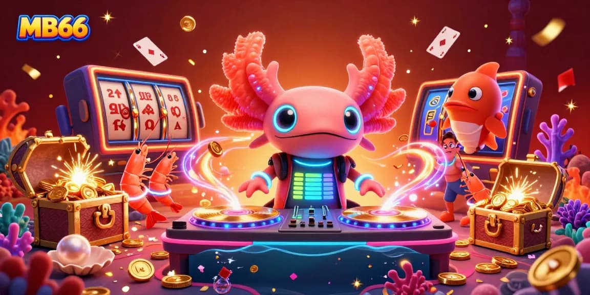 Engage with MB66 in an exciting casino-themed underwater scene featuring a vibrant DJ and lively sea creatures.
