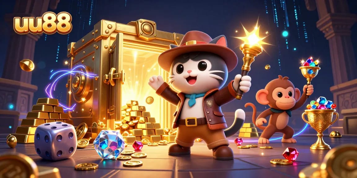 uu88 features a dynamic scene of a cat archaeologist uncovering golden casino artifacts while surrounded by treasures.