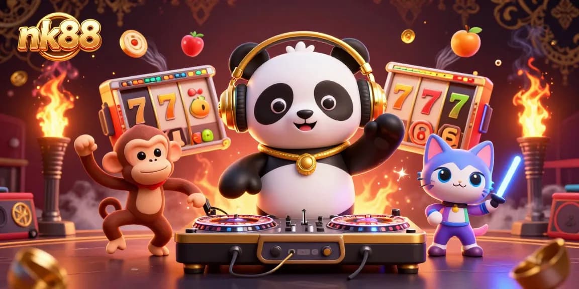 Win big at nk88 with vibrant 3D casino illustration showcasing DJ panda and animated gaming elements.
