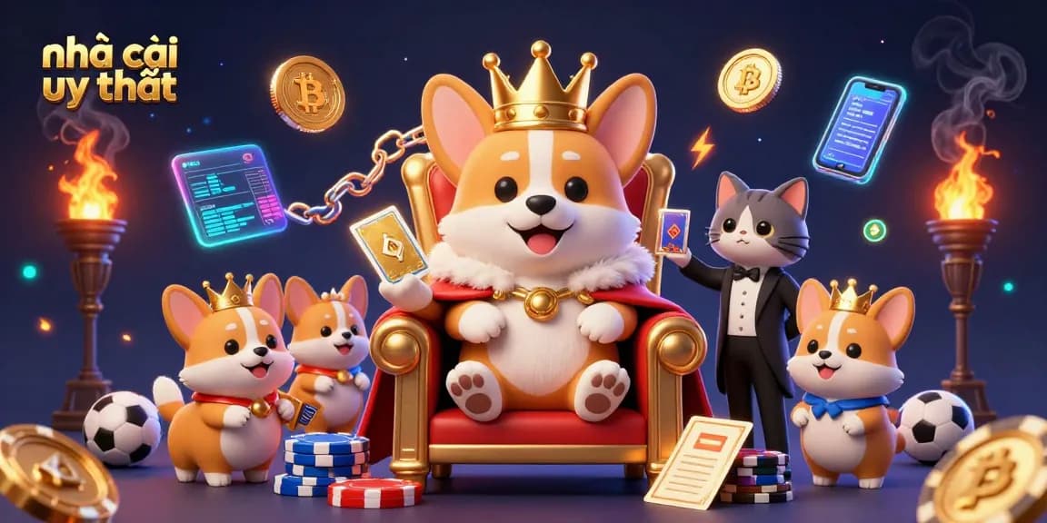 Engage with the credibility of nhà cái uy tín while observing a royal corgi on a poker throne, showcasing vibrant gambling elements.