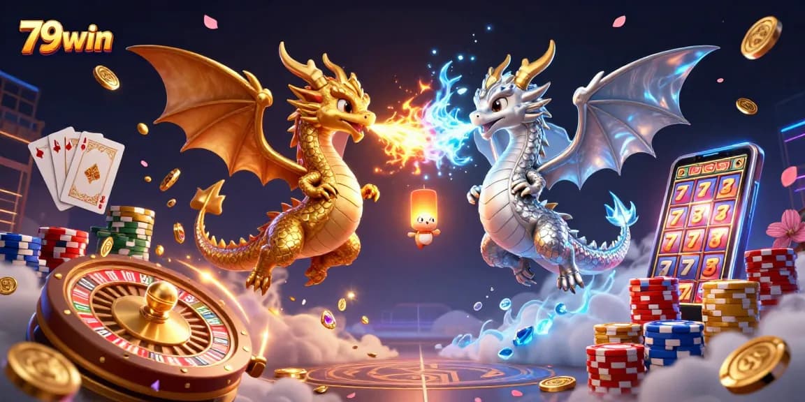 Engage with 79win's exciting gaming environment featuring dynamic dragons and casino elements.