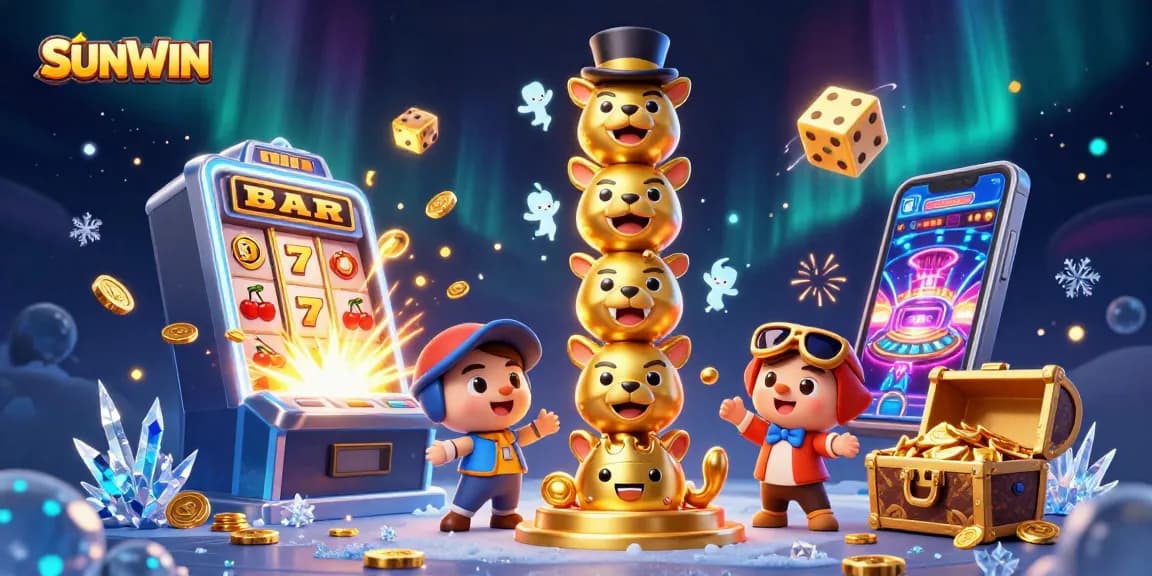 SUNWIN players enjoy a vibrant 3D casino scene with explosive slot machines and golden treasures.