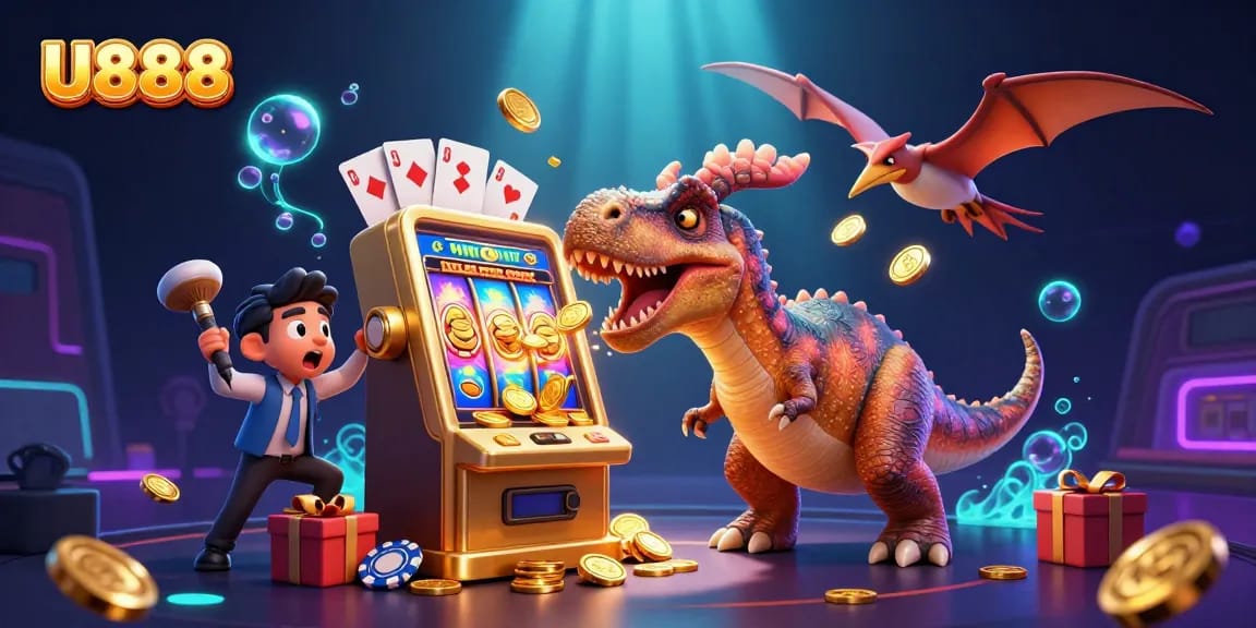 U888 players winning jackpots as a pachycephalosaurus interacts with a golden slot machine.