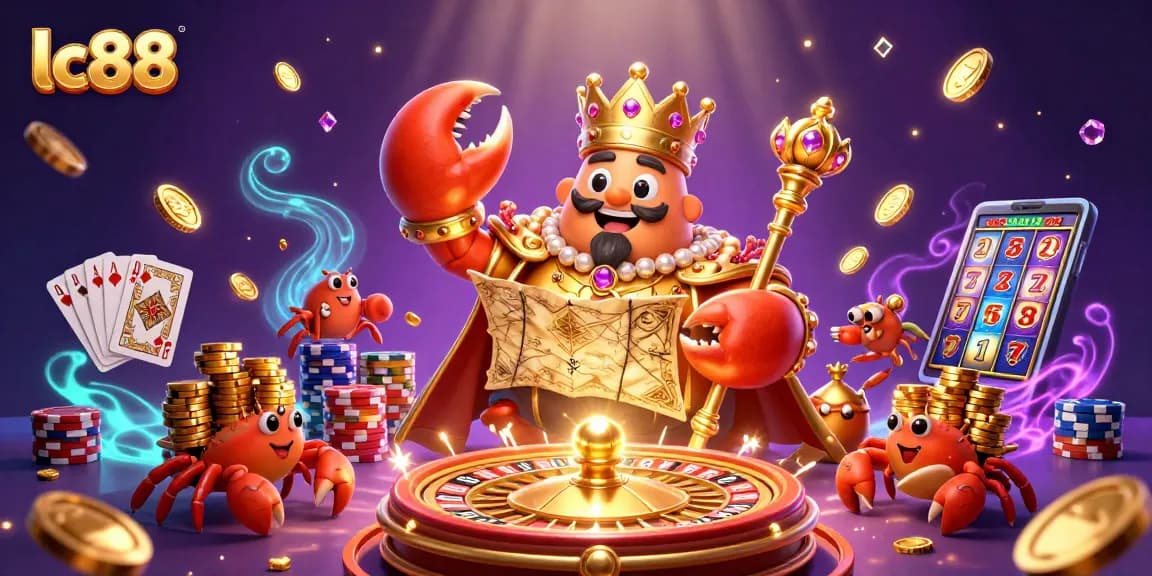 Experience excitement with lc88 as a golden crab emperor presents a treasure map amidst dynamic casino elements.