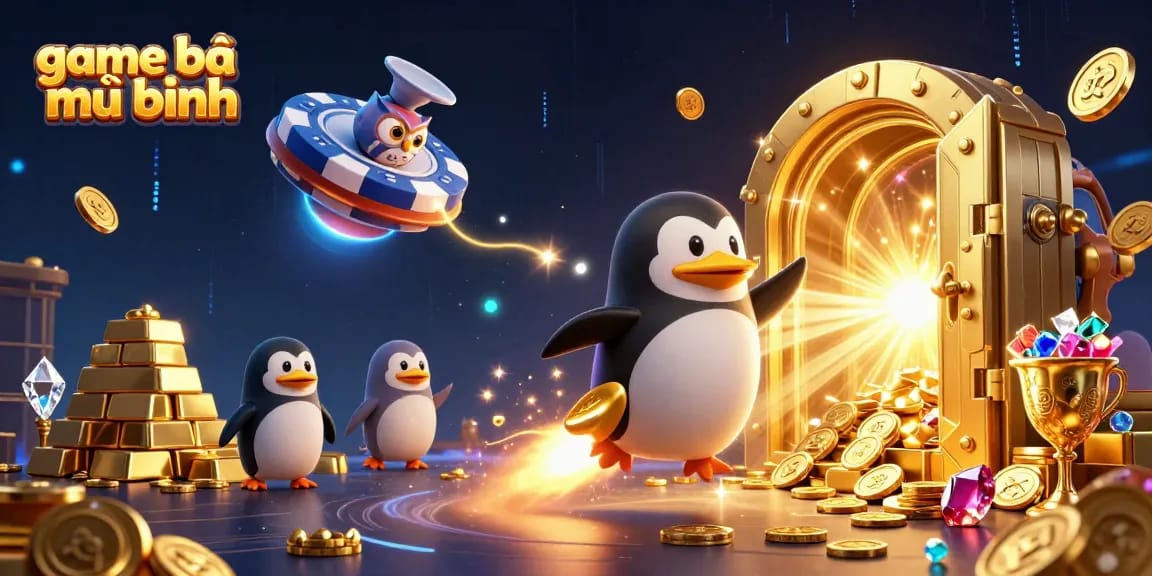 Experience thrilling game bài mậu binh as a golden penguin blasts through space, aiming for bigger wins.