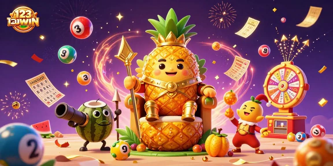 Join the excitement with 123WIN's vibrant casino-themed illustration featuring dynamic lottery elements and festive atmosphere.