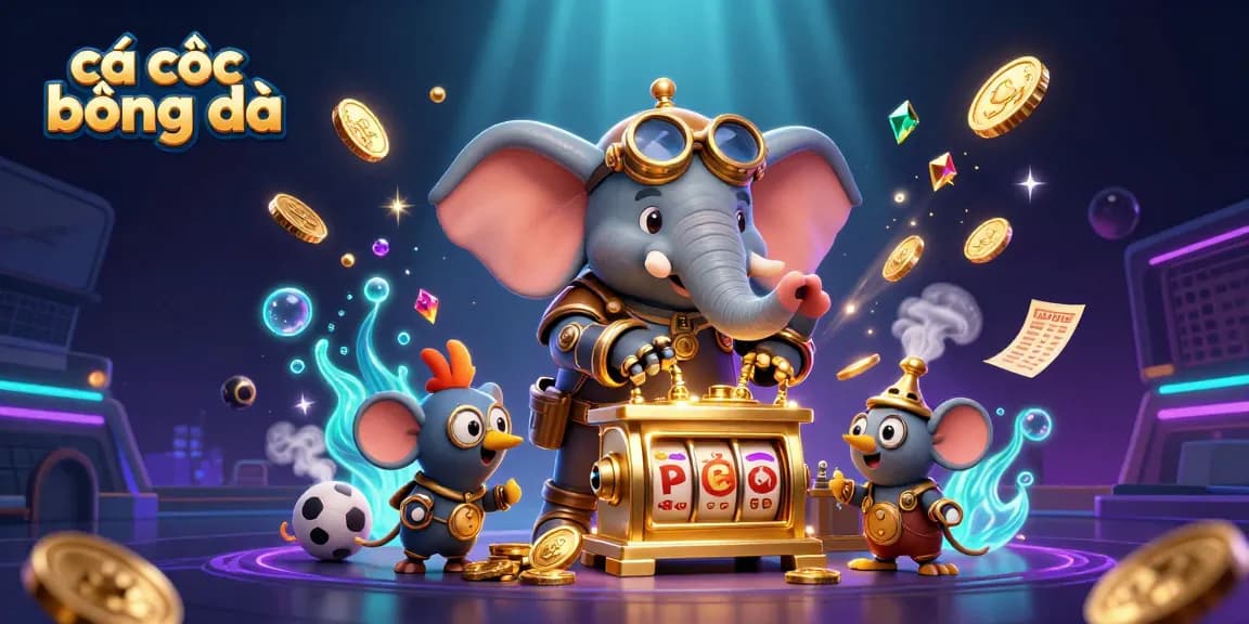 Cá cược bóng đá scene with a steampunk elephant engineer at a golden machine amidst coins and dynamic sports elements