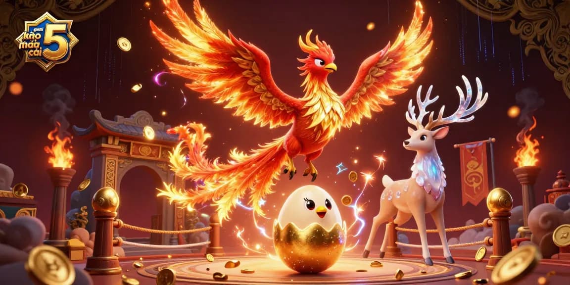 Experience the excitement of game bài kèo nhà cái 5 depicted through a vibrant 3D illustration with phoenixes and mystical elements.