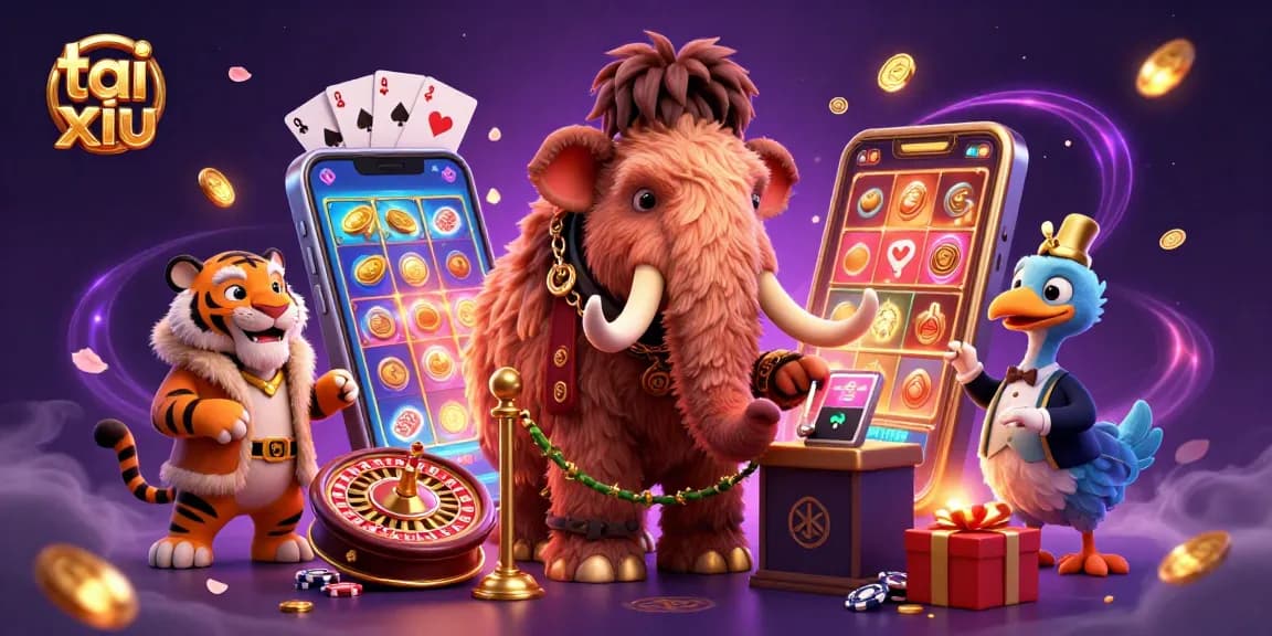 Engage in tai xiu online with vibrant 3D characters and casino elements in an animated scene.