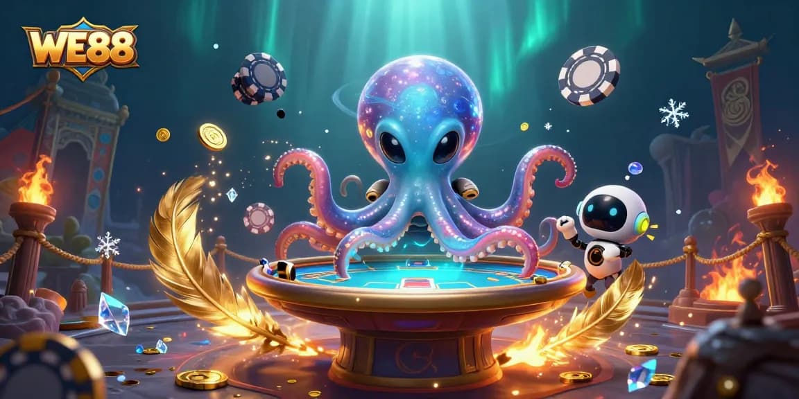 Experience excitement at WE88 as an alien octopus deals poker amidst vibrant cosmic elements.