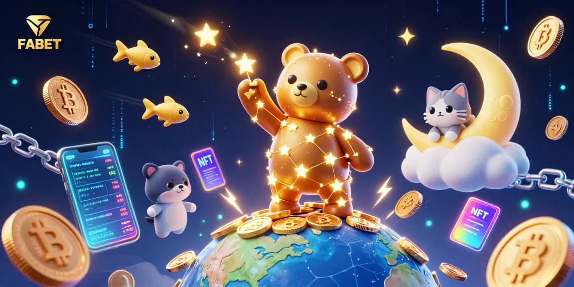 FABET players winning with a constellation bear and crypto elements in a vibrant casino scene