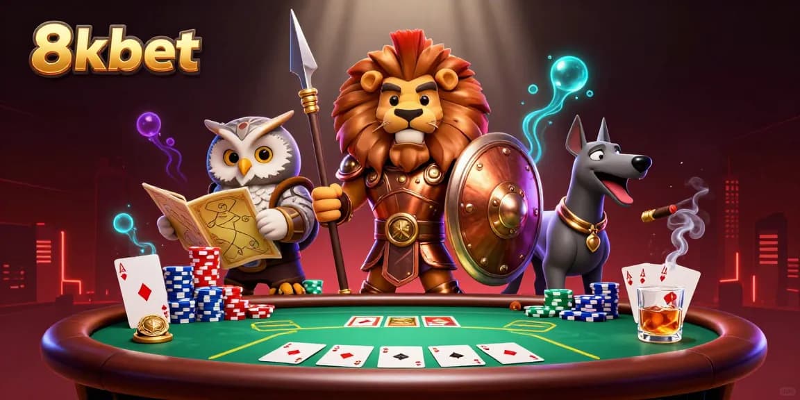 8xbet features an engaging casino scene with an armored lion, strategic owl, and swift greyhound surrounded by poker elements.