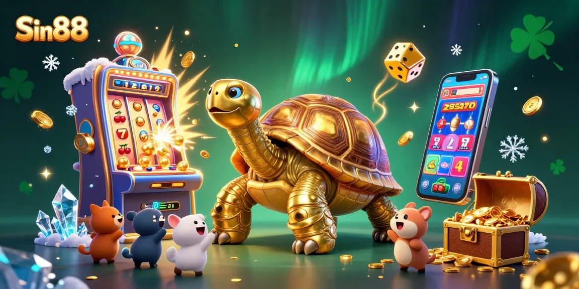Sin88 celebrates excitement with sparkling slot machines, golden tortoises, and lively casino activities.