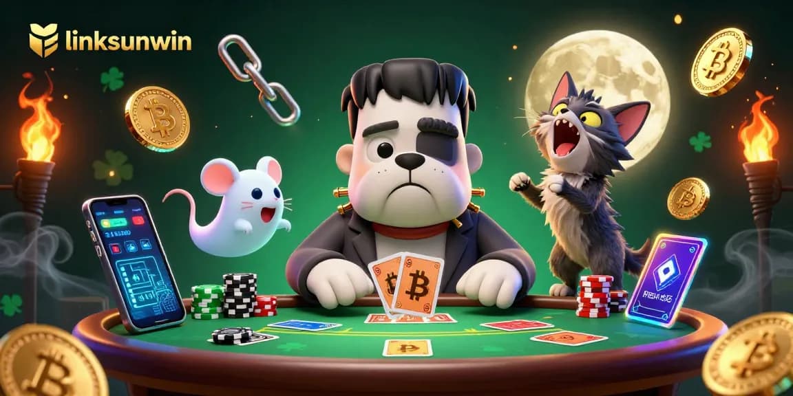 Join the action at linksunwin as a Frankenstein bulldog deals poker cards in a crypto-themed casino scene.