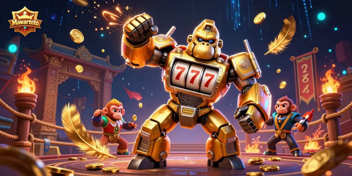 Mawartoto showcases an exciting casino scene with a gorilla mech celebrating jackpot wins amid dynamic gaming elements.