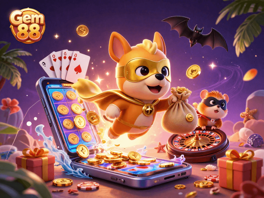 Win big with Gem 88! A vibrant 3D scene showcasing a superhero dog, slot games, and poker elements.