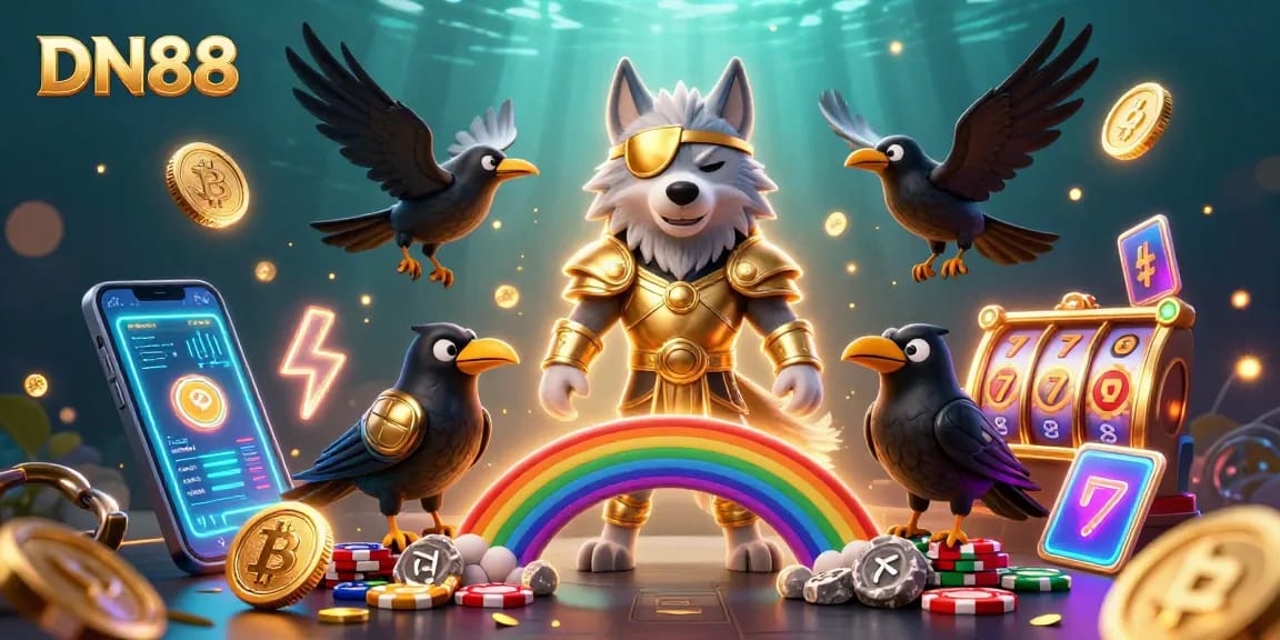 Engage with DN88's thrilling casino experience featuring vibrant characters and casino elements.