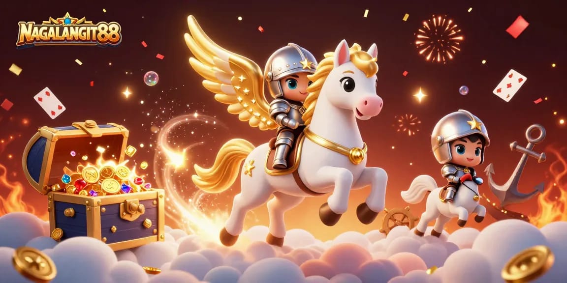 NAGALANGIT88 presents an animated scene featuring a celestial horse, knight, and treasure, celebrating victory.