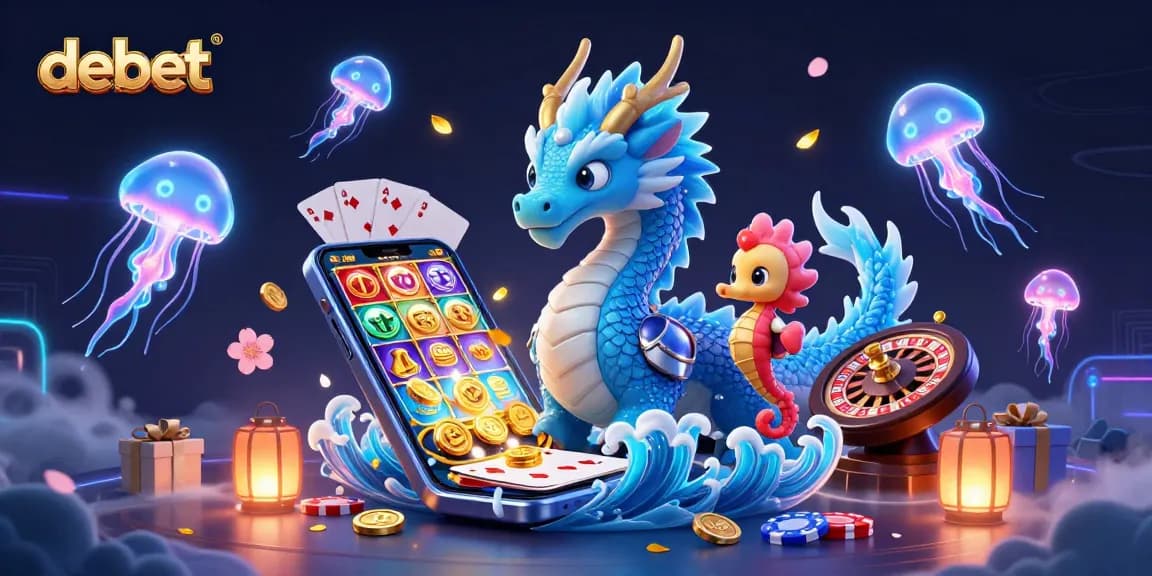 Engage with debet's thrilling gaming world featuring an azure water dragon and vibrant casino elements.