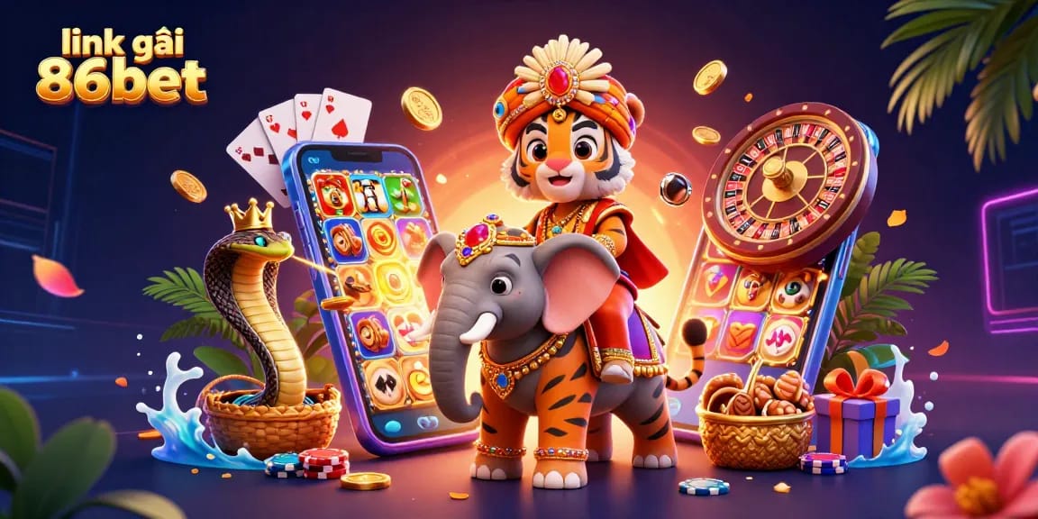 Experience the excitement with link vào 86bet as a majestic maharaja tiger and friends celebrate casino thrills.