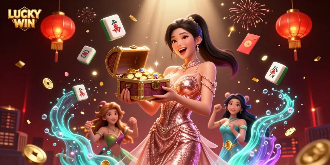 Win big with LUCKY WIN casino, featuring vibrant visuals of gold treasures and gaming elements!